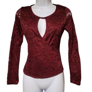 Y2K Lace Long Sleeve Top Whimsygoth Fairy Witch Romantic Burgundy Sz Sm Sheer